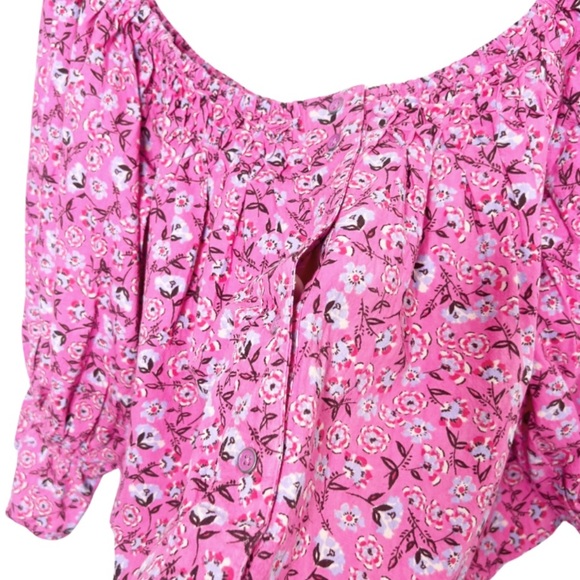 Free People Women's James Smock Pink Floral Quarter Sleeve Cropped Button Blouse - Picture 7 of 16